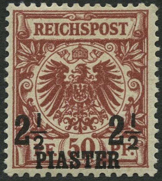DP TÜRKEI 10a *, 1889, 21/2 PIA. auf 50 Pf. bräunlichrot, Falzrest, Fotobefund S