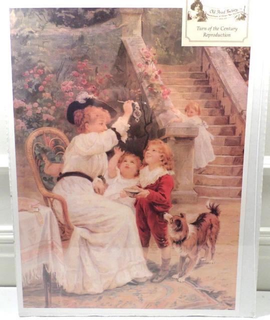 Victorian Lithograph Print Picture "Bubbles" Mother Children And Puppy Dog 12X16