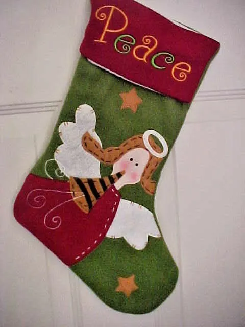 Christmas Stocking Felt Primitive Look Angel Applique Machine Embroidery Peace