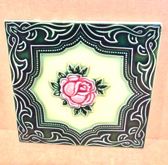 DK Japanese Tile, Central Red Rose, Danto Kaisha, 1920s, 6x6, Japan, Ceramic