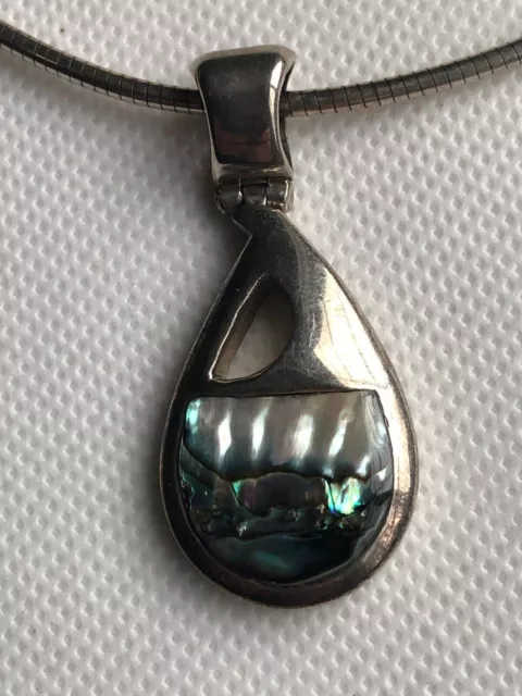 VTG Modernist 925 Sterling Silver Necklace & Teardrop form Abalone Shell Pendant 2