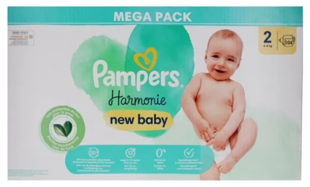 Mega Pack 104 Couches PAMPERS HARMONIE New Baby Taille 2 (4 à 8 KG) Changes Bébé