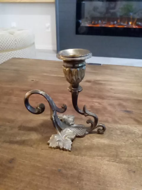 Vtg Ornate Solid Brass Leaves & Vines Candlestick Holder