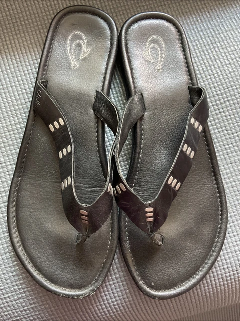 OluKai KUI Women's  Black Leather Thongs Flip Flops Sandals Size US 8 EU 38