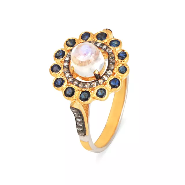 Piedra Luna Preciosa Zafiro Anillo Diamante Pavé 925 Plata 14K Oro Joyería Fina