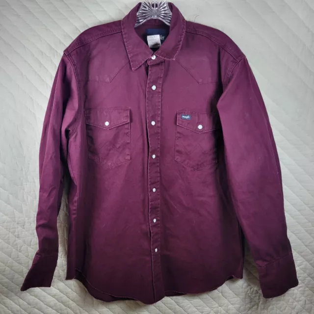 Wrangler Shirt Mens Large Red Long Sleeve Pearl Snap Pocket Heavy Canvas Solid