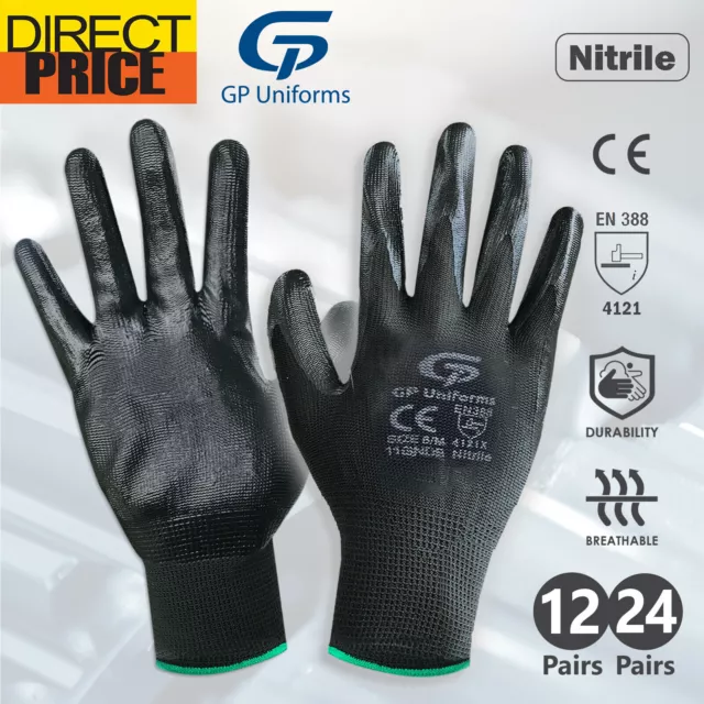 12 24 Pairs Work Gloves Nitrile Coated General Purpose Garden Hand Protection