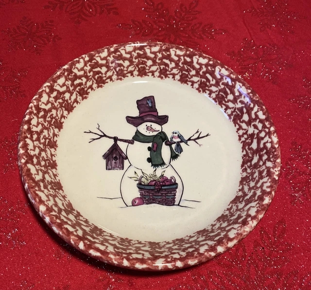 Roseville Cranberry Pink Spongeware Gerald E Henn Snowman Pie Dish
