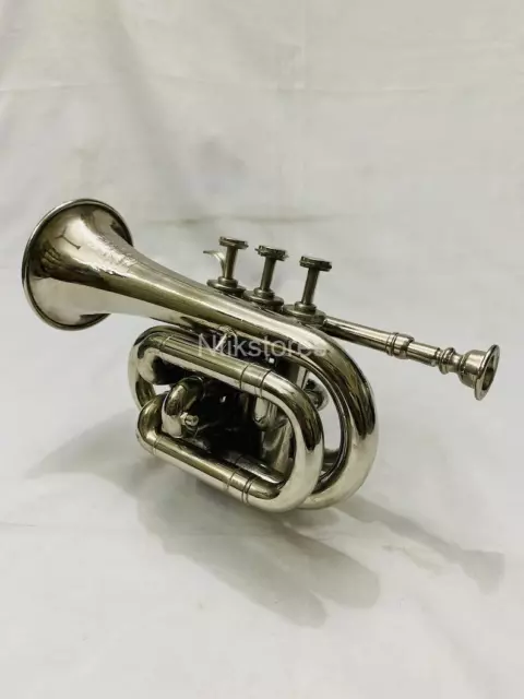 Brass Polished Bugle Instrument Pocket Trumpet With 3 Valve Vintage Flugel Horn,