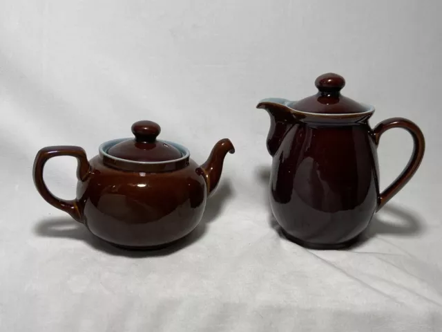 Denby England Teapot Stoneware ~ Coffee Pots Homestead 2 Brown W/ Blue Interior