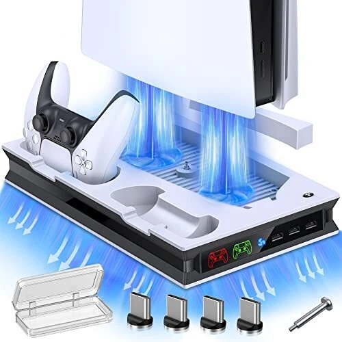 PS5 Stand with 2 Cooling Fan, Dual Fast PS5 Controller Charging Station with ...