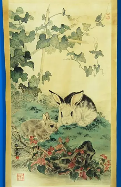 Chinese Hanging Scroll Pair of Rabbits Flower Painting Asian Antique 23V