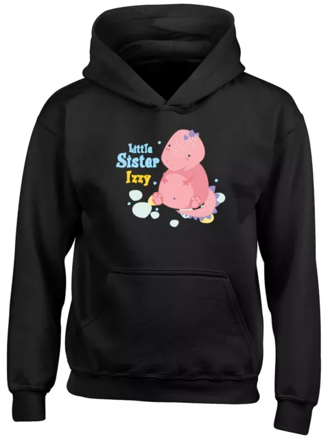 Personalised Little Sister Kids Hoodie Any Name Dinosaur Boys Girls Gift Top