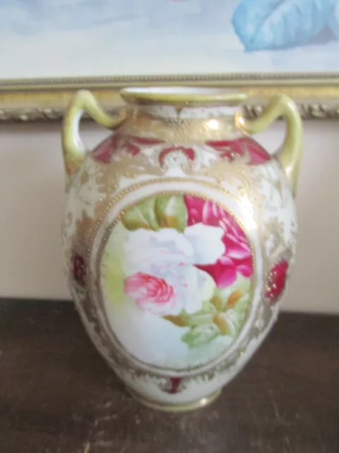 Nippon Japan Maple Leaf Mark Handpainted Handled Vase Moriage Gold Roses Red 7"