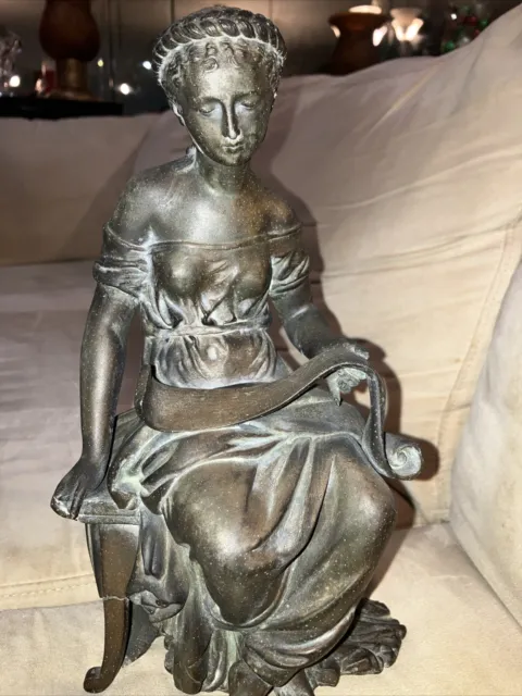 Victorian Era Bronze Sculpture 1800s Woman Sitting & Reading ‘Flute Music Notes’