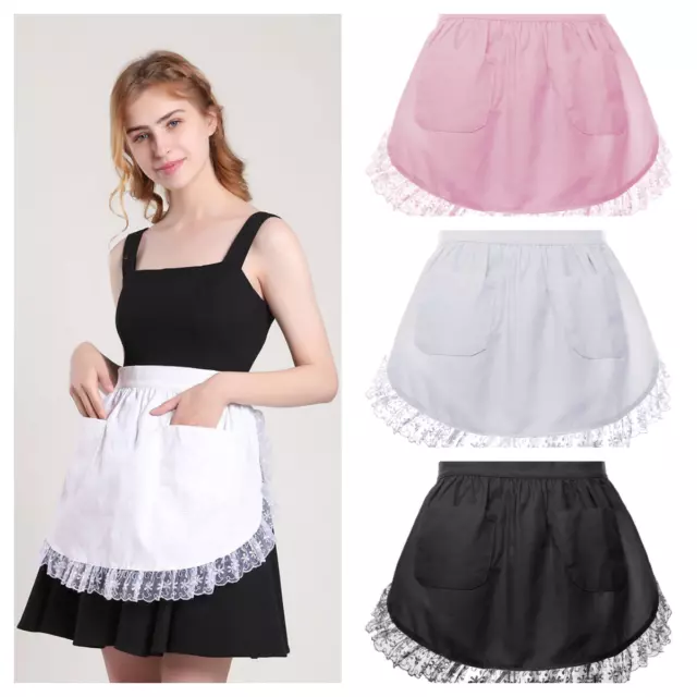 Aspire Waist Apron for Women, Lace Cotton Half Apron with Two Pockets Maid Wear