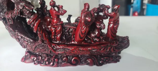 Red Cinnabar Hand Carved Boat with Warriors