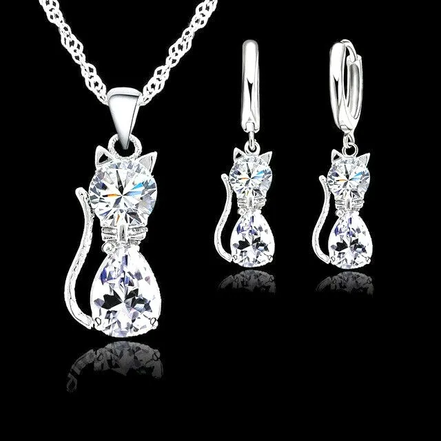 925 Sterling Silver Cat Kitten Crystal Pendant Necklace and Earring Set Gifts UK