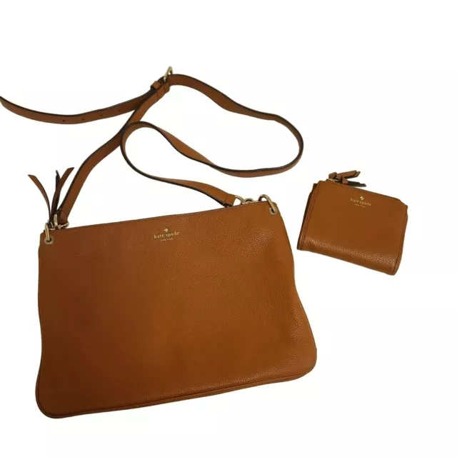 VIntage Kate Spade Crossbody Purse Matching Wallet Camel Brown Pebbled Leather
