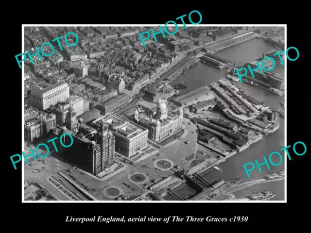 OLD POSTCARD SIZE PHOTO OF LIVERPOOL ENGLAND AERIAL VIEW OF THREE GRACES c1930