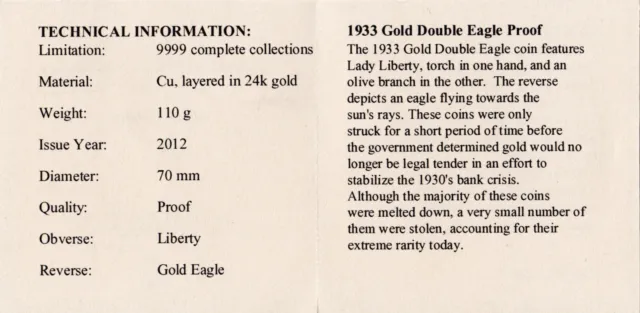 1933 USA Gold Plated GIANT $25 Dollar Liberty Double Eagle Coin 119 grams COA 3