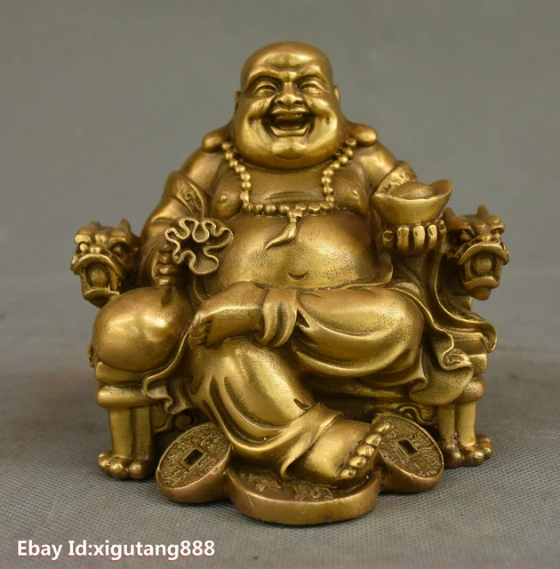 Rare China Buddhism Brass Dragon Chair Wealth Happy Laugh Maitreya Buddha Statue