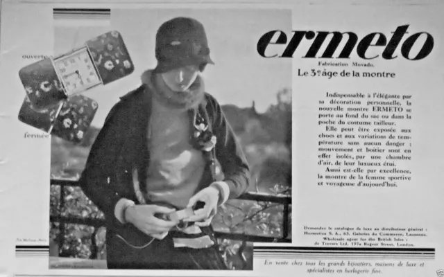 PUBLICITÉ DE PRESSE 1929 ERMETO FABRICATION MOVADO LE 3éme AGES DE LA MONTRE