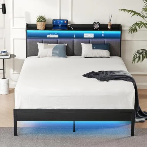 BED FRAMES, UPGRADED Metal Bed Frame with LED Lights Headboard & Twin