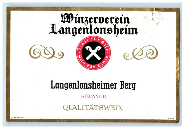 1970's-80's Wingerverein Langenlonsheim Silvaner German Wine Label Original S28E