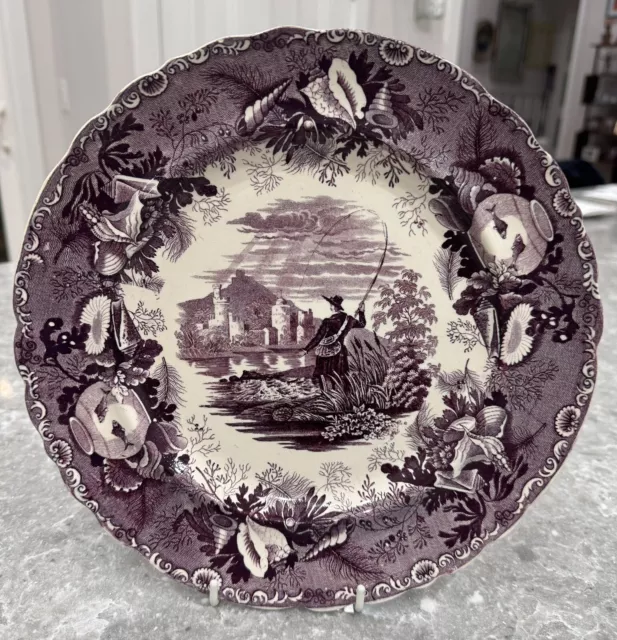 Rare Purple Enoch Wood & Sons FISHERMAN 1840’s English Transferware 10.5” Plate