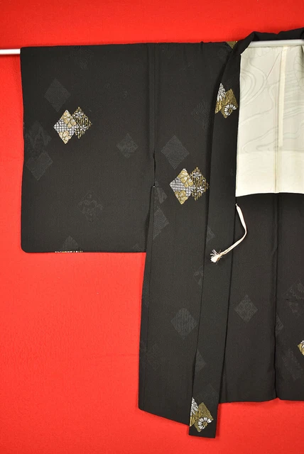 Vintage Japanese Kimono Silk Antique BORO Black HAORI Kusakizome Woven/B705/540 3