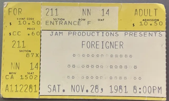 Foreigner Concert Ticket Stub Nov 28th 1981 Rockford, IL.