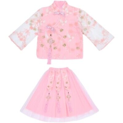 Girls Embroidered Tang Suit Mesh Sleeve Cheongsam Outfit Chinese Tops Skirt Sets