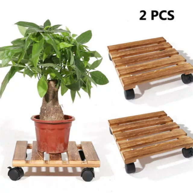2 Solid Wooden Plant Pot Locking Wheels Mover Garden Planter Caddy Trolley Stand