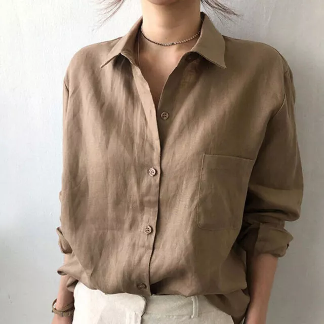 Womens Summer Linen Cotton Button Blouse Tops Casual Collared Long Sleeve Shirts