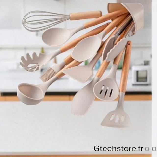 Set De 44 Ustensiles De Cuisine En Silicone Avec Crochets | Antiadhésif, Résistant à La Chaleur | Gris Foncé - TWBEST