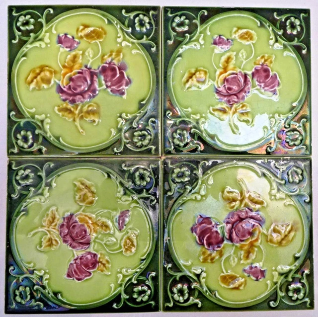 Antique Tile Majolica Art Nouveau Purple Rose Flower England Porcelain Decor# 12