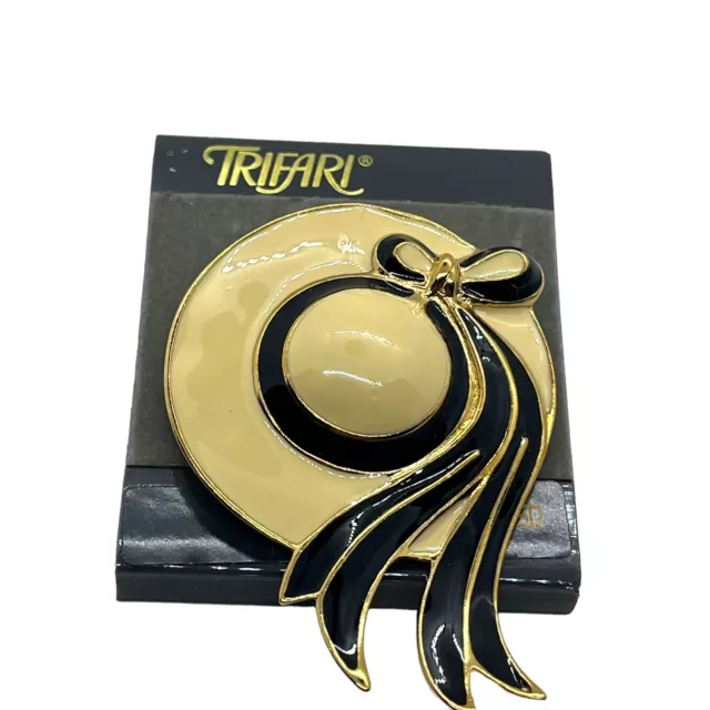 Trifari Enamel Hat Brooch Pin Gold and Black Vintage New on Card Women Vintage