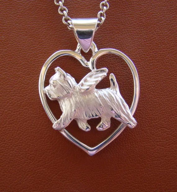 Sterling Silver Norwich Terrier Angel On A Heart Pendant