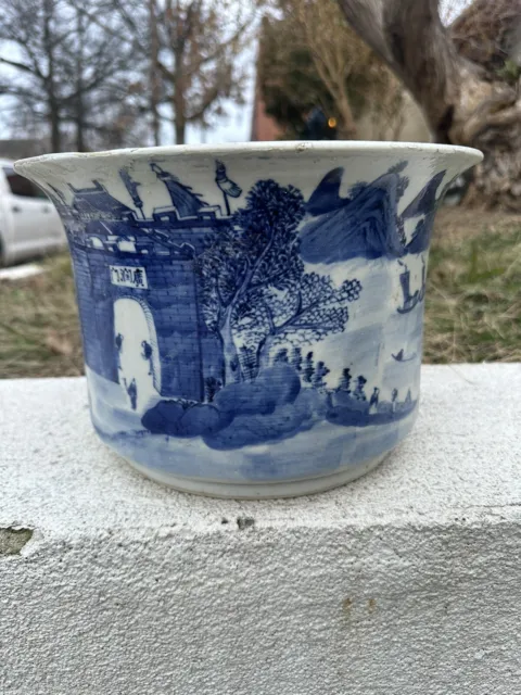 Maravillosa Antigüedad Chino Porcelana Cuenco Blanco Y Azul 27.9cm X 17.8cm 3