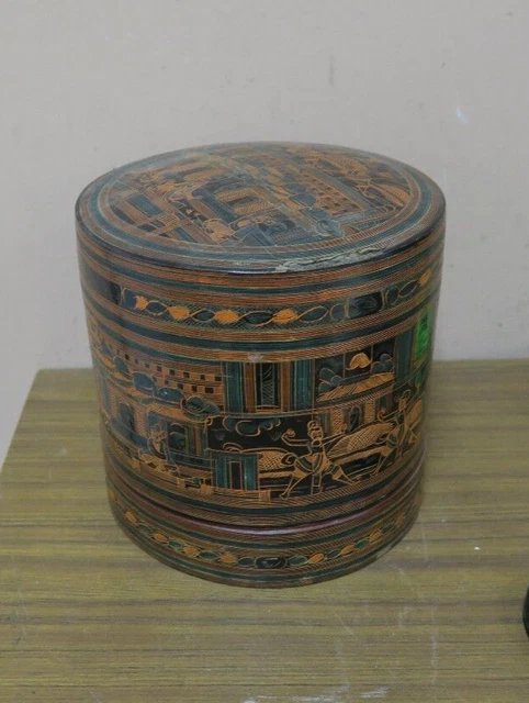 Antique Burmese Round Lacquerware Betel Nut or condiment Caddy Box  2 Trays