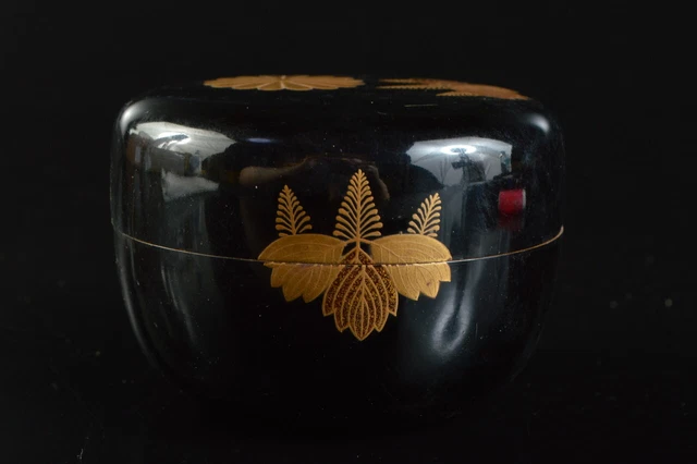 M2616: Japanese Wooden Lacquer ware Flower gold TEA CADDY Natsume Tea Ceremony
