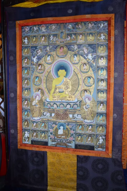 S.gr.Thangka,Tibet,Amitabha/Bodhsattwas,24KTGoldminiaturm.,beschrift.,145x100cm