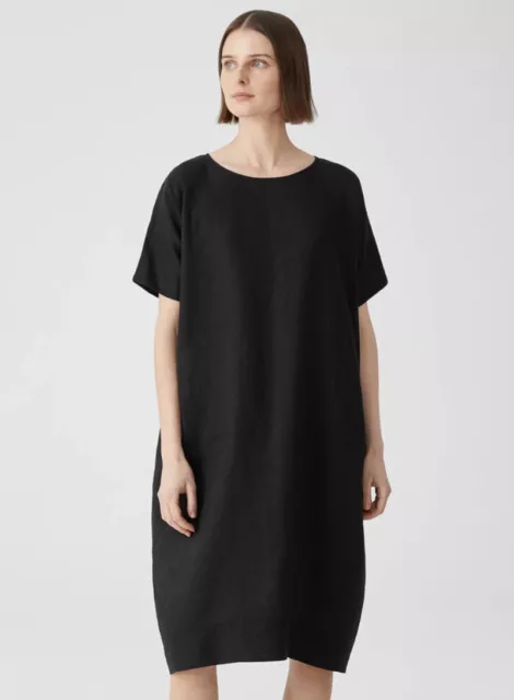 NWT Eileen Fisher Black Organic Handkerchief Linen Round Neck K/L Dress Size XS