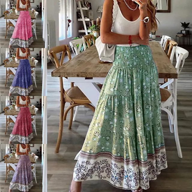 Women Elastic Waist Boho Floral Maxi Skirt Ladies Ruffle Long Swing A-Line Dress