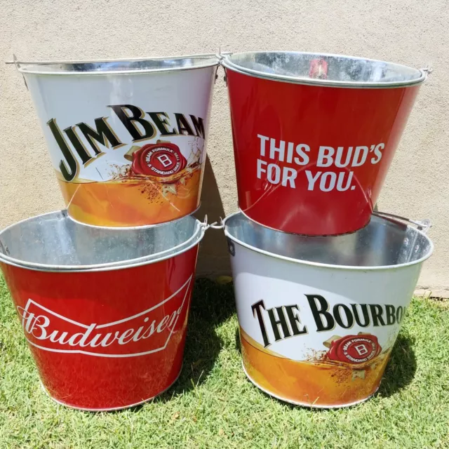 4x Budweiser Beer and Jim Beam Bourbon Metal Ice Bucket w/ Handle