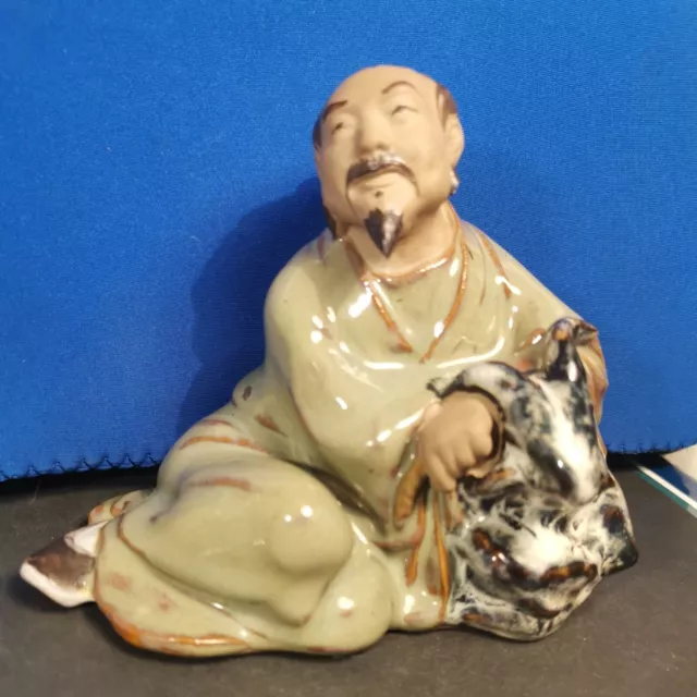 Vintage Oriental Chinese Shiwan Old Wise Mudman With Goat Pottery Figurine .