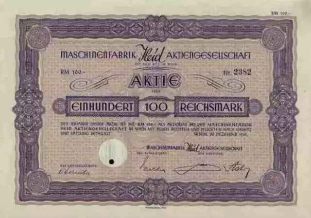 Maschinenfabrik Heid AG Stockerau 1939 Wien 100 RM Österreich Werkzeugmaschinen