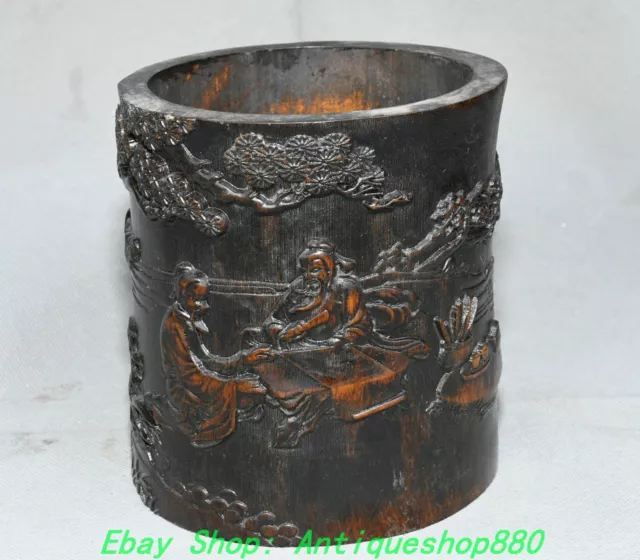 5.5''Old Bamboo Carving Man People Person Pine Tree Brush Pot Pencil Holder