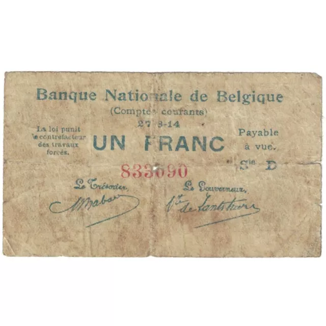 [#194298] Banknote, Belgium, 1 Franc, 1914, 1914-08-27, KM:81, VF